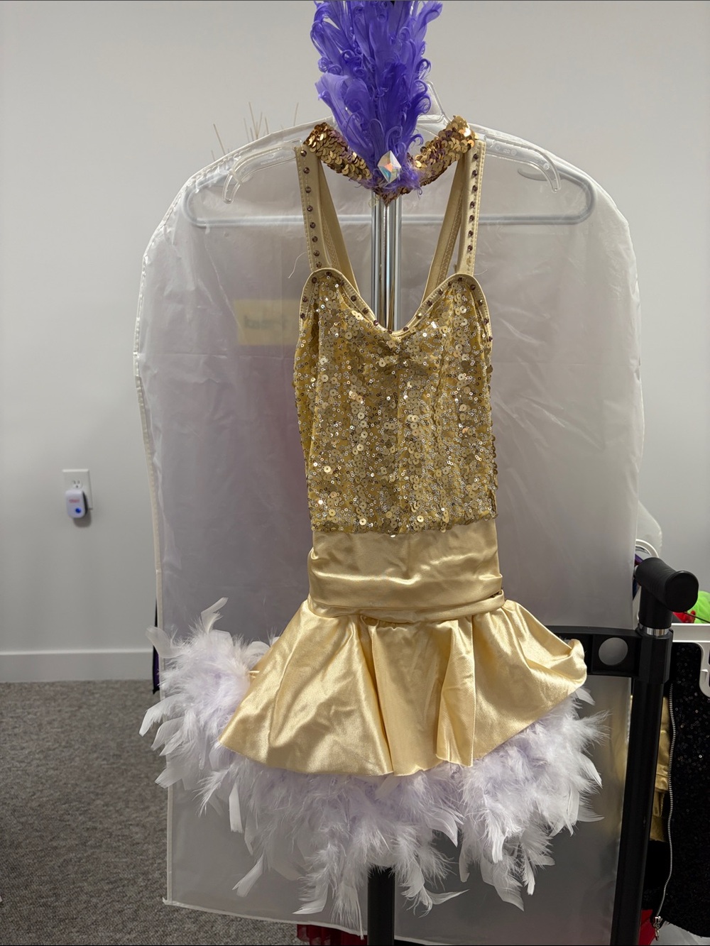 Gold Sequin Feather Trim Kids Dance Costume